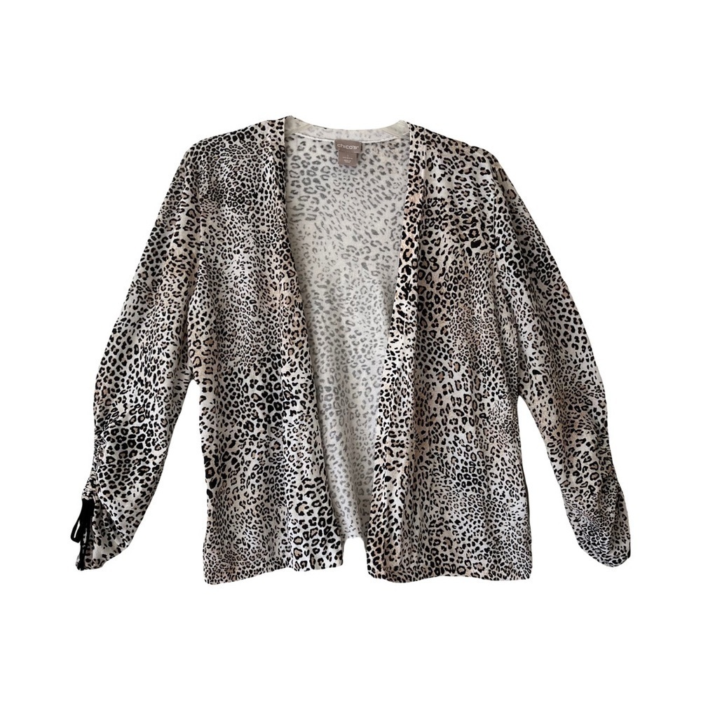 Chico’s | Animal Print Ruched Sleeve Open Front Cardigan, Size 1 (Small)